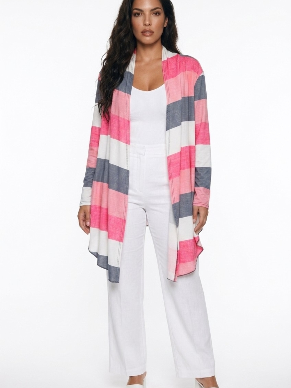 Pink, White & Gray Striped Open-Front Cardigan Size XL